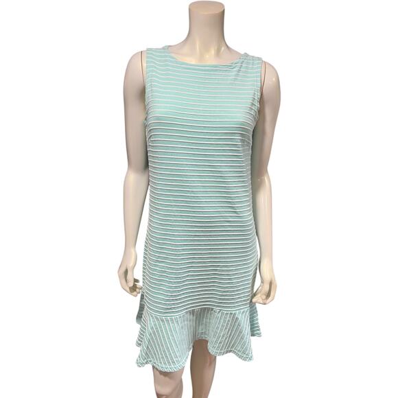 Sail to Sable Size S Aqua White Striped Ruffle Hem Shift Dress - Picture 1 of 9